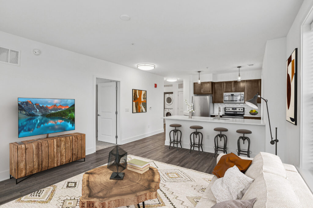 Open concept living room with view into the kitchen